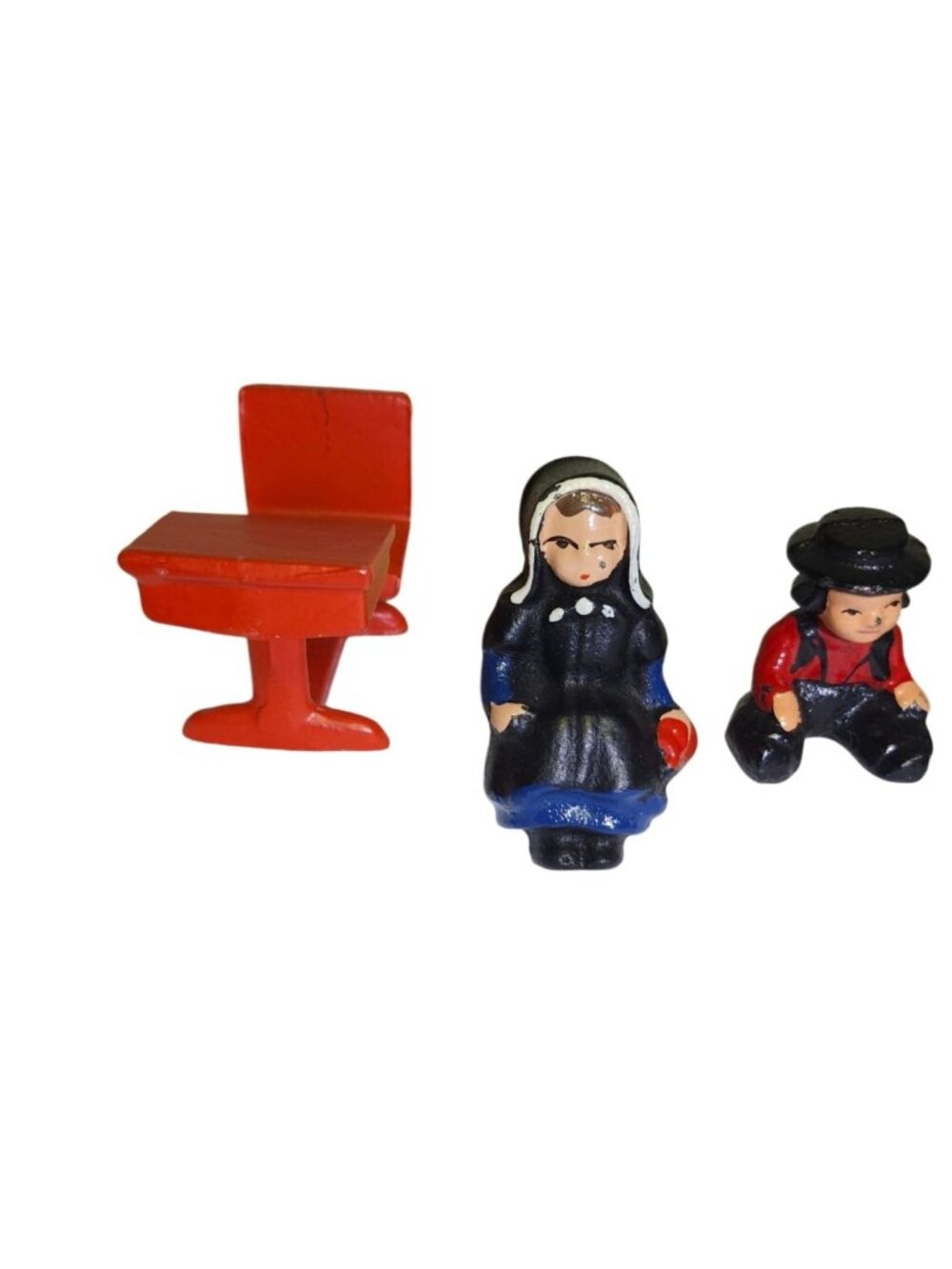 Vintage Cast Iron Amish Figurine Set Of 5 Hand-Painted Miniatures With Desk - Picture 2 of 9